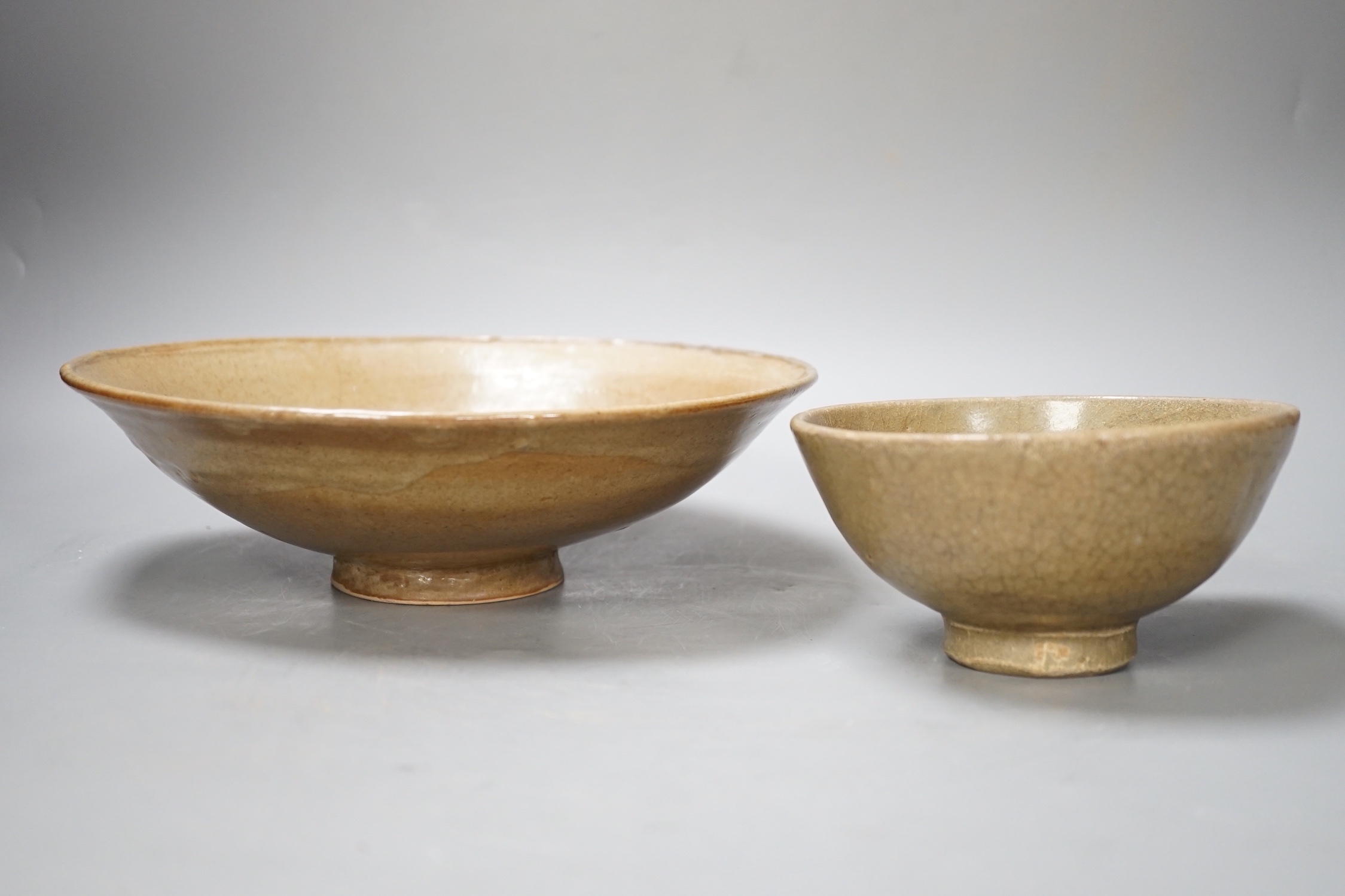 Two Chinese celadon bowls, Yuan - Min dynasty, largest 25cm